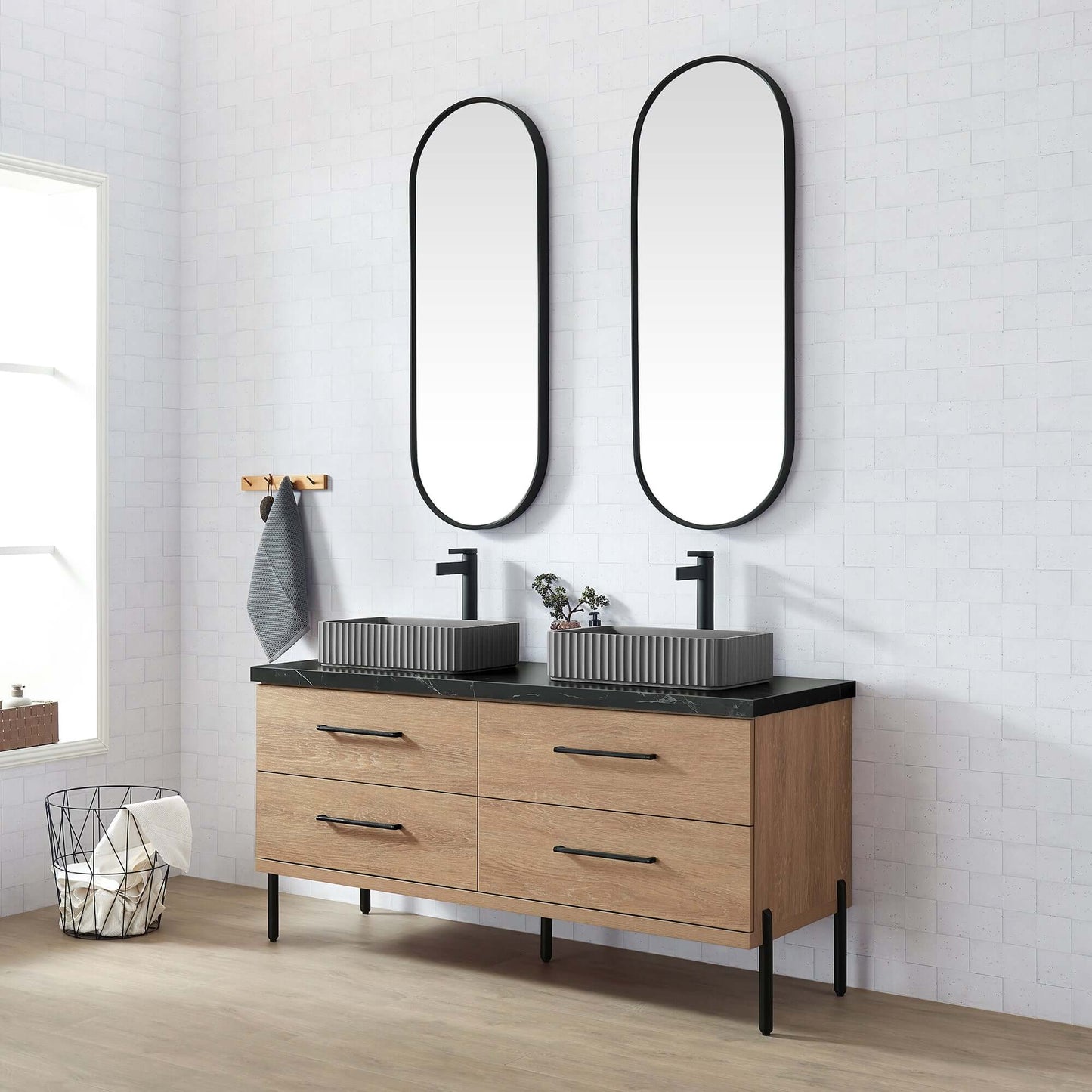 Vinnova, Trento 60A" Double Sink Bath Vanity in North American Oak with Black Sintered Stone Top with Concrete Sink and Mirror displayed