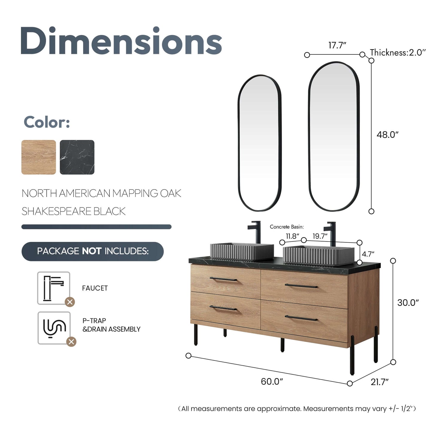 Vinnova, Trento 60A Double Sink Bath Vanity in North American Oak with Black Sintered Stone Top with Concrete Sink and Mirror - dimensions displayed