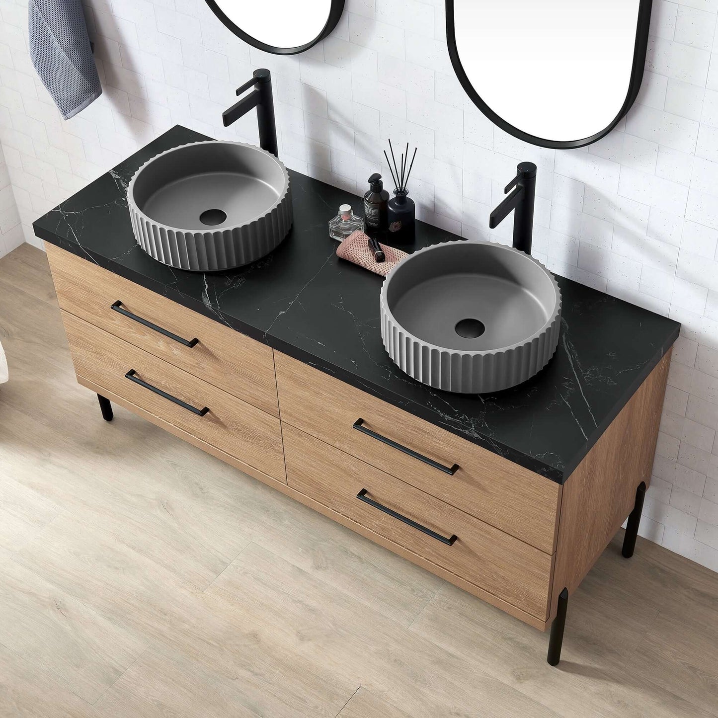 Vinnova, Trento 60B" Double Sink Bath Vanity in North American Oak with Black Sintered Stone Top with Concrete Sink and Mirror