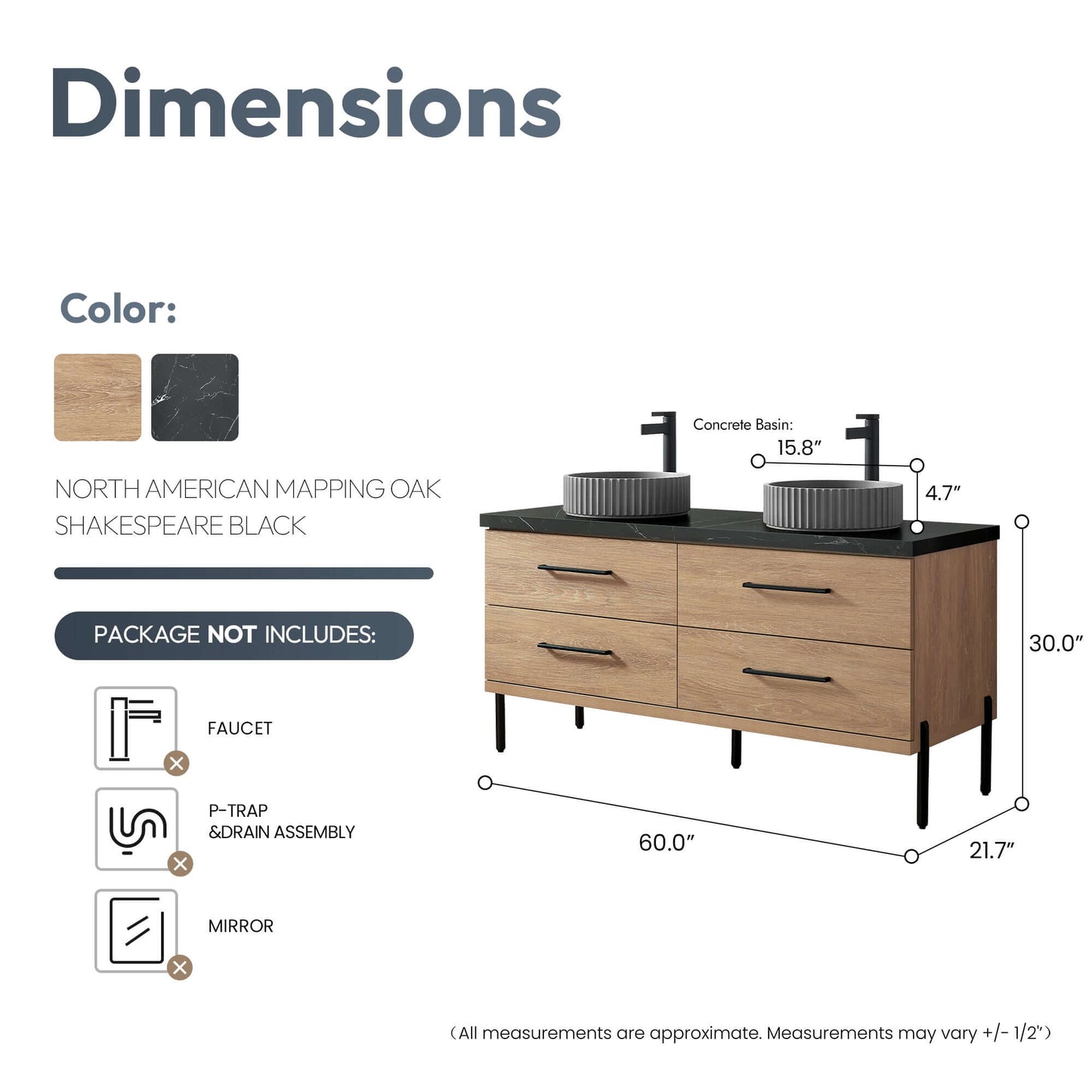 Vinnova, Trento 60B Double Sink Bath Vanity in North American Oak with Black Sintered Stone Top with Concrete Sink dimensions