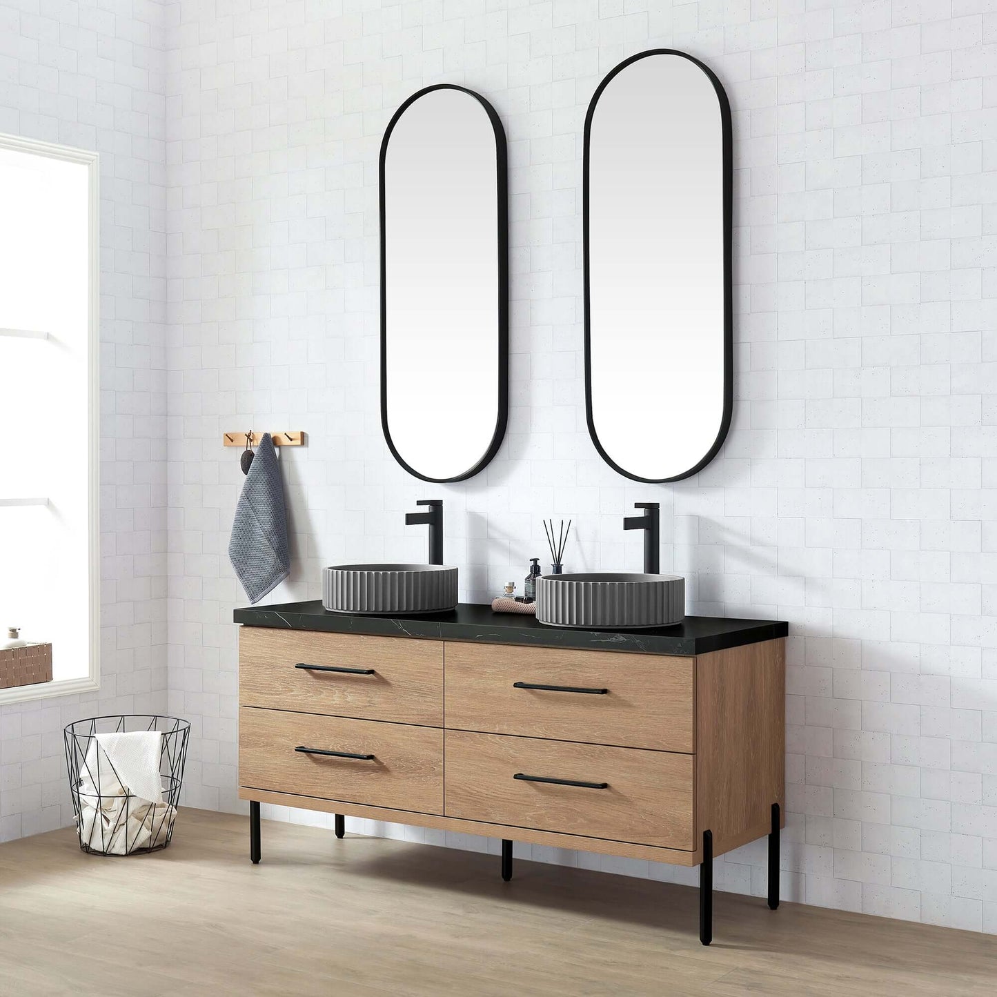 Vinnova, Trento 60B" Double Sink Bath Vanity in North American Oak with Black Sintered Stone Top with Concrete Sink