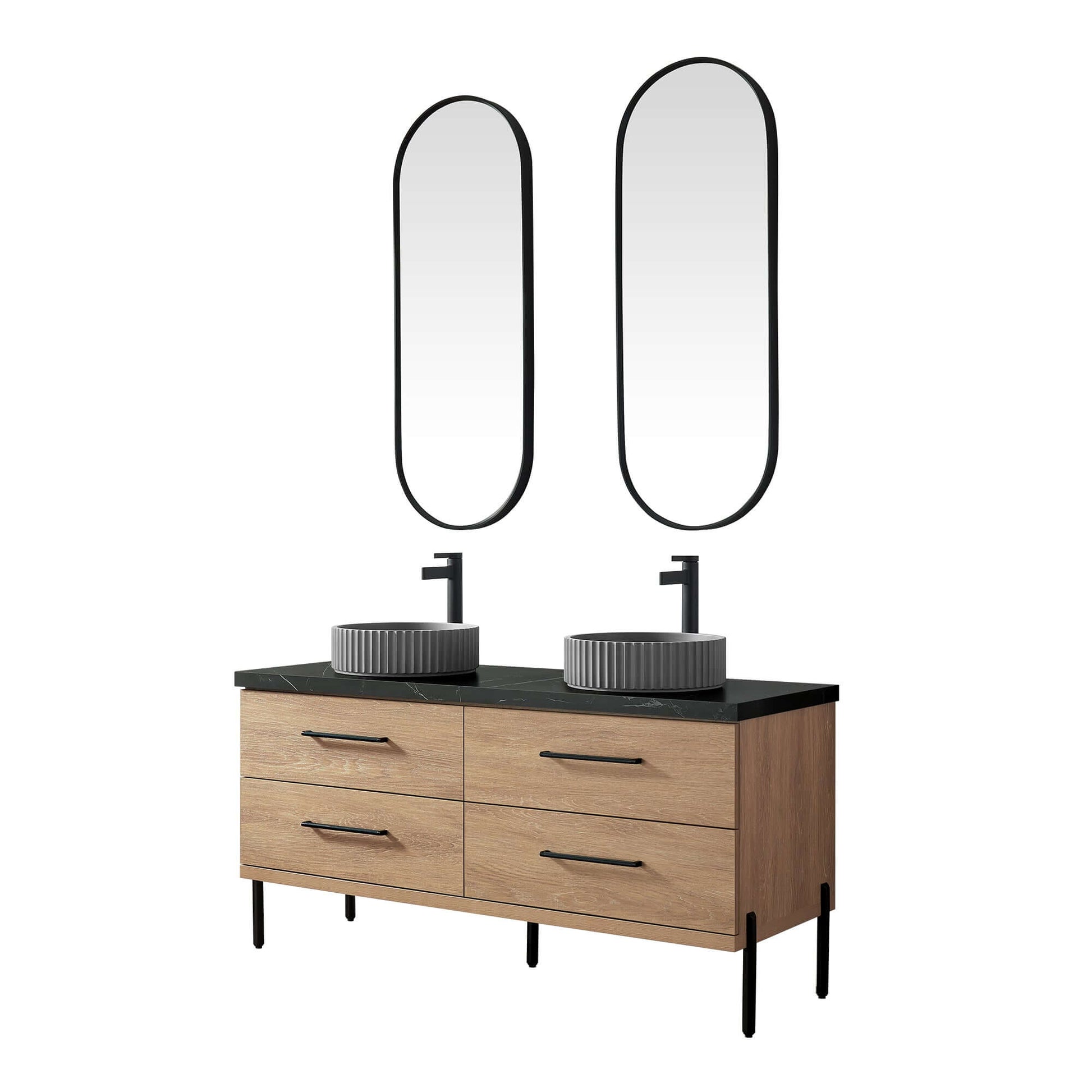 Vinnova, Trento 60B" Double Sink Bath Vanity in North American Oak with Black Sintered Stone Top with Concrete Sink and Mirror