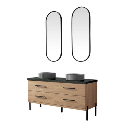 Vinnova, Trento 60B" Double Sink Bath Vanity in North American Oak with Black Sintered Stone Top with Concrete Sink and Mirror