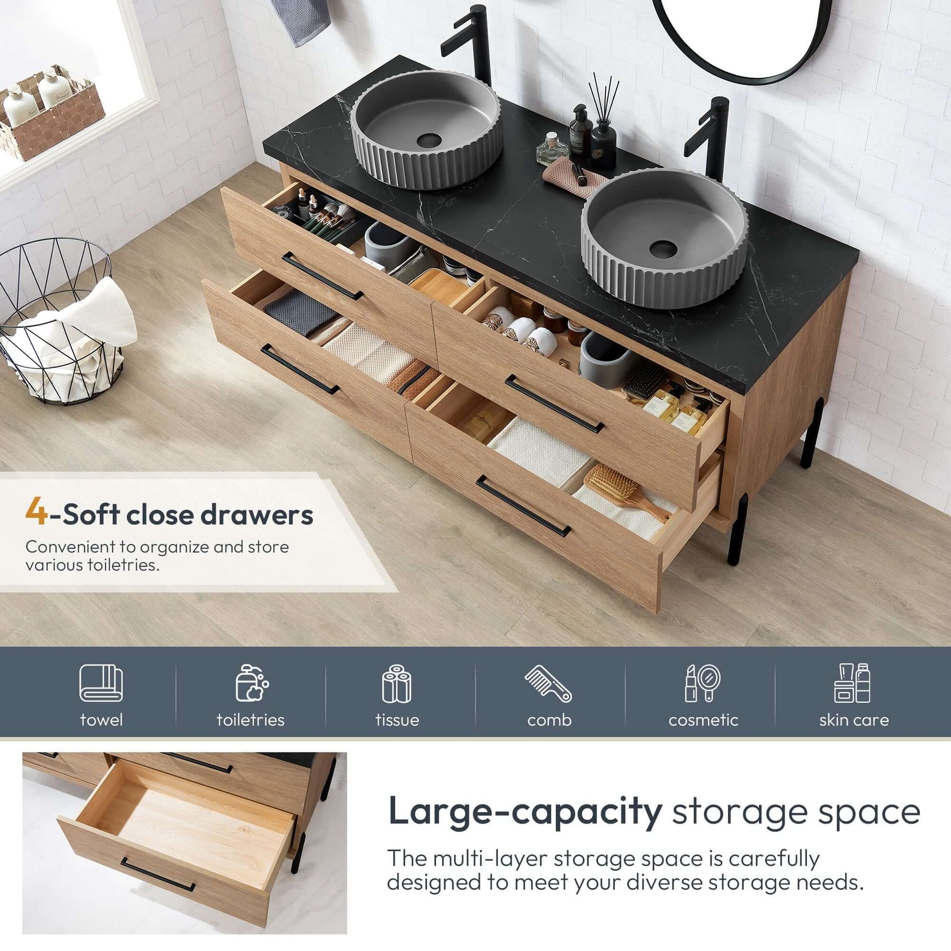 Vinnova, Trento 60B Double Sink Bath Vanity in North American Oak with Black Sintered Stone Top with Concrete Sink
