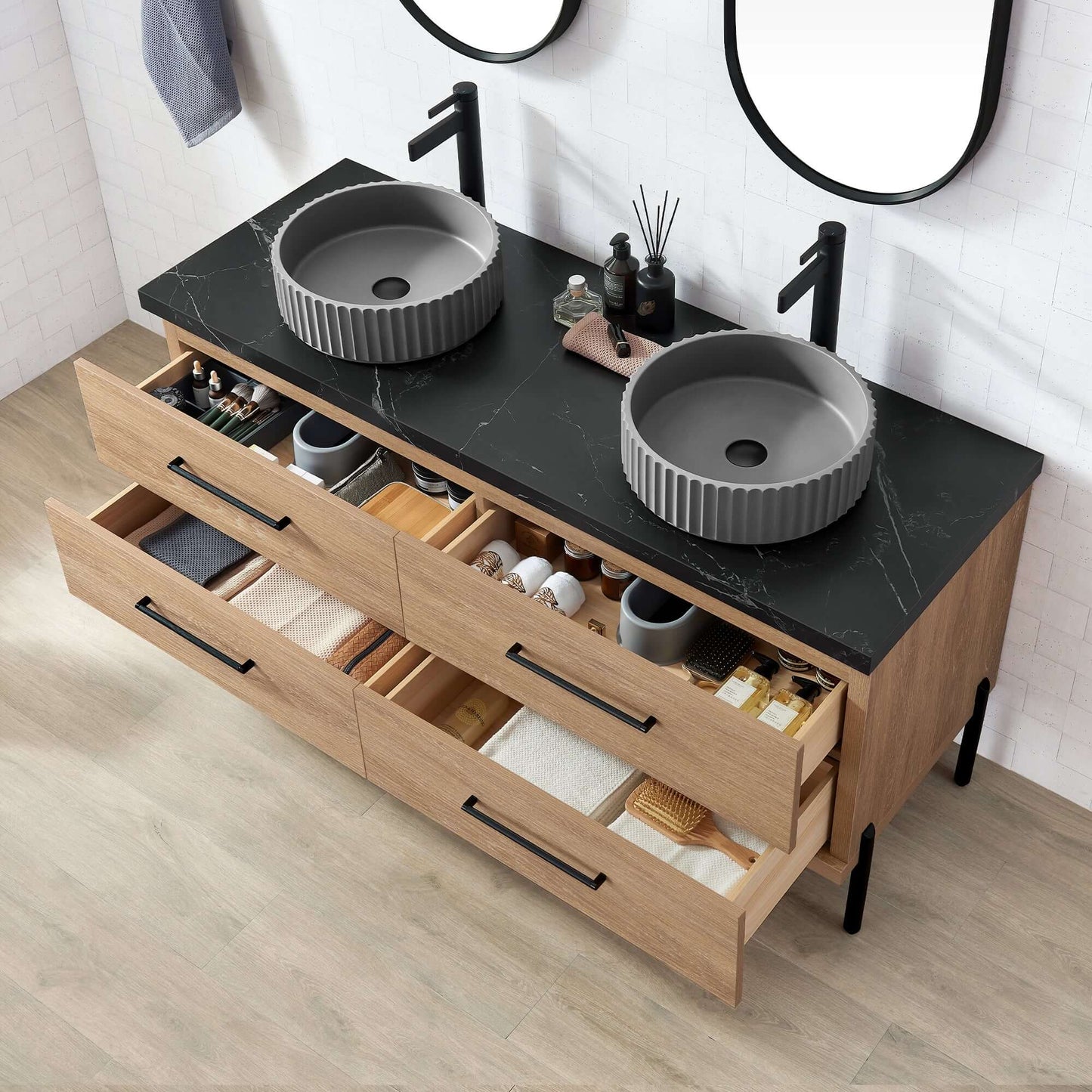 Vinnova, Trento 60B" Double Sink Bath Vanity in North American Oak with Black Sintered Stone Top with Concrete Sink displayed in a bathroom setting.