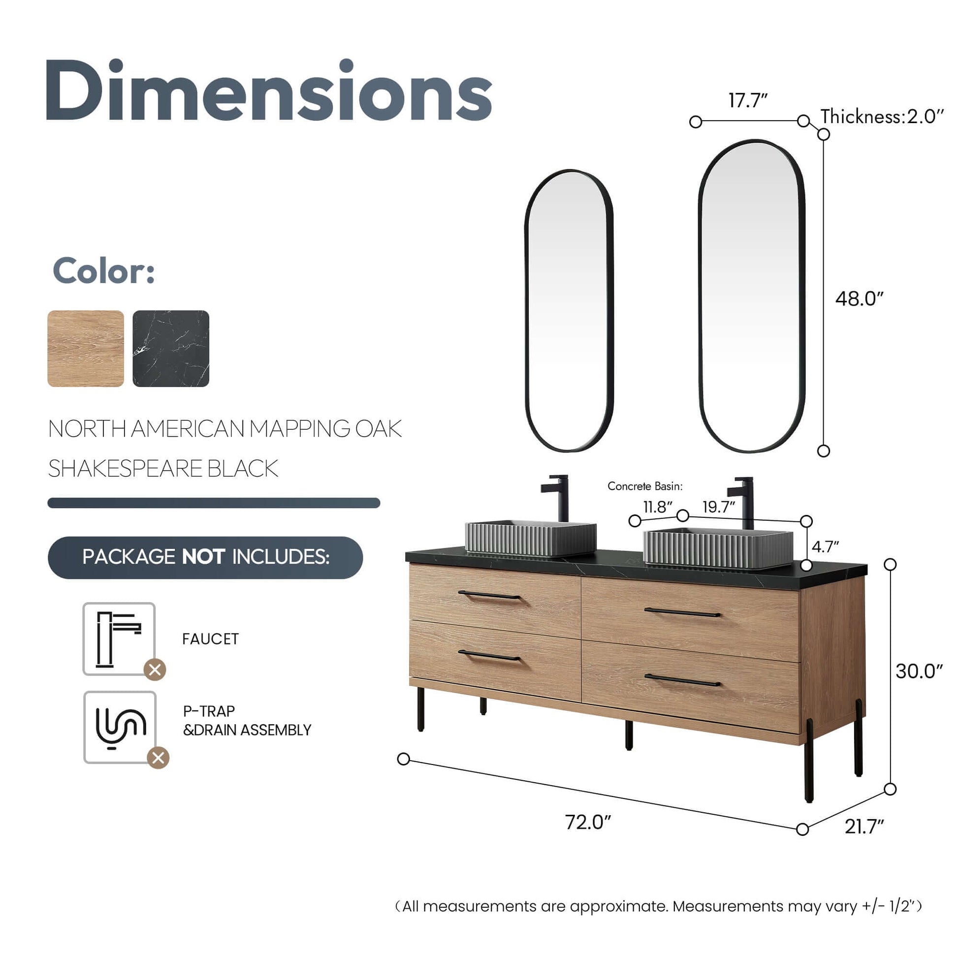 Vinnova, Trento 72A" Double Sink Bath Vanity in North American Oak with Black Sintered Stone Top with Concrete Sink and Mirror dimensions