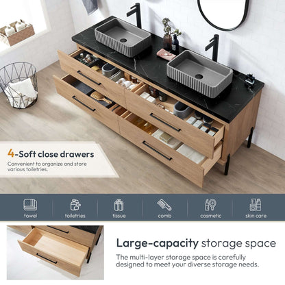 Vinnova, Trento 72A" Double Sink Bath Vanity in North American Oak with Black Sintered Stone Top, Concrete Sink, and Mirror