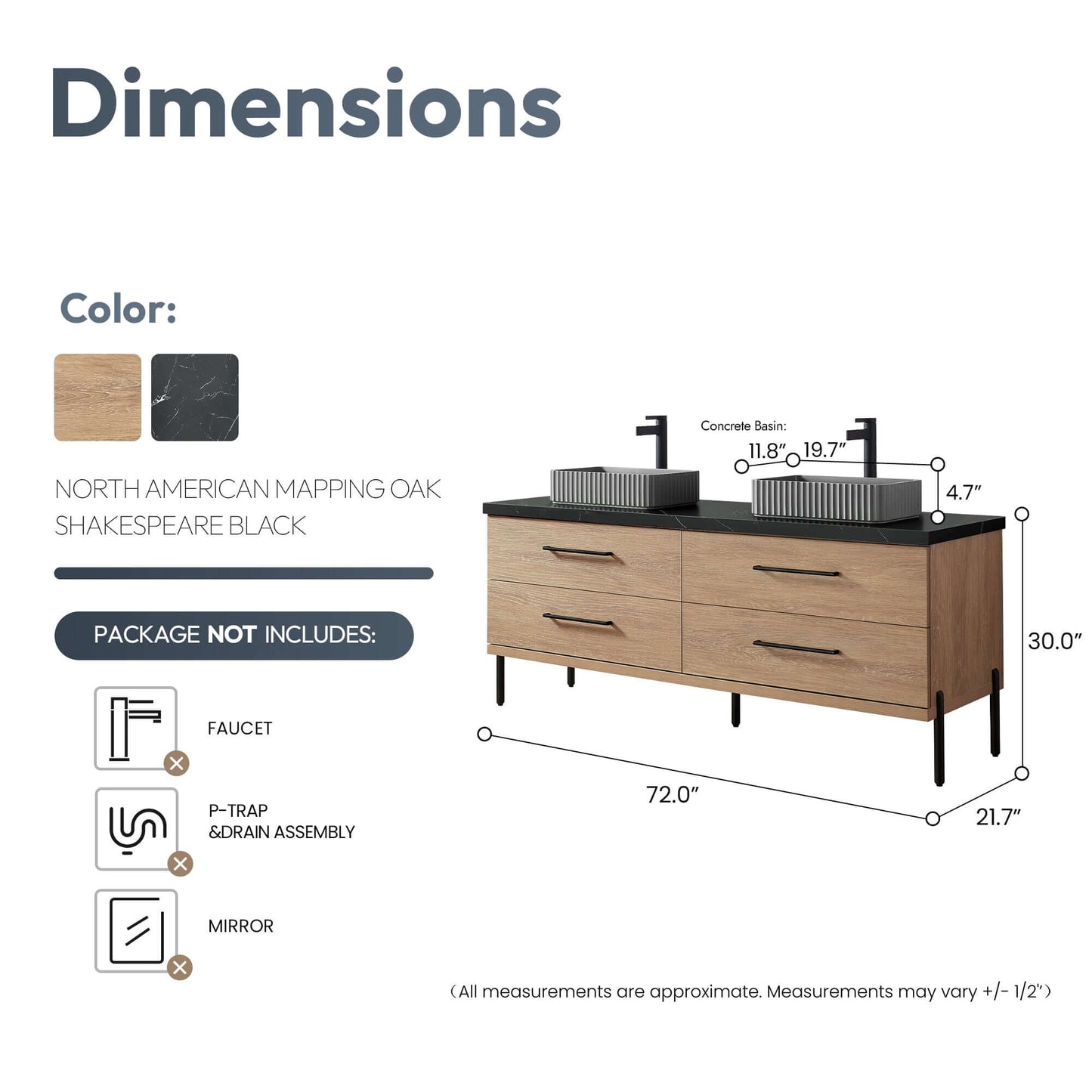 Vinnova Trento 72A Double Sink Bath Vanity in North American Oak with Black Sintered Stone Top, dimensions and package details.
