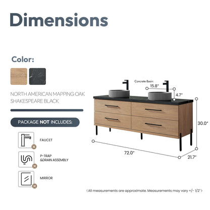 Diagram of Vinnova, Trento 72B" Double Sink Bath Vanity in North American Oak with Black Sintered Stone Top and Concrete Sink dimensions.