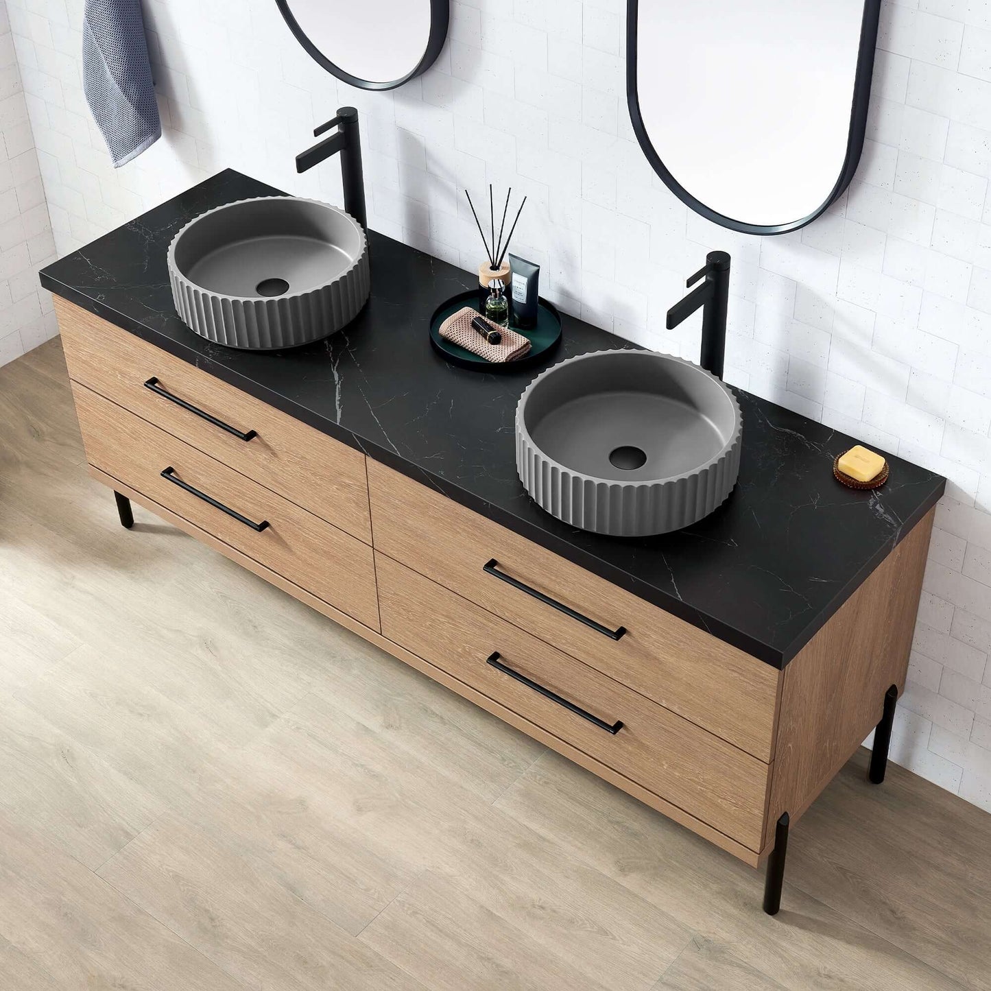 Vinnova, Trento 72B" Double Sink Bath Vanity in North American Oak with Black Sintered Stone Top with Concrete Sink and Mirror