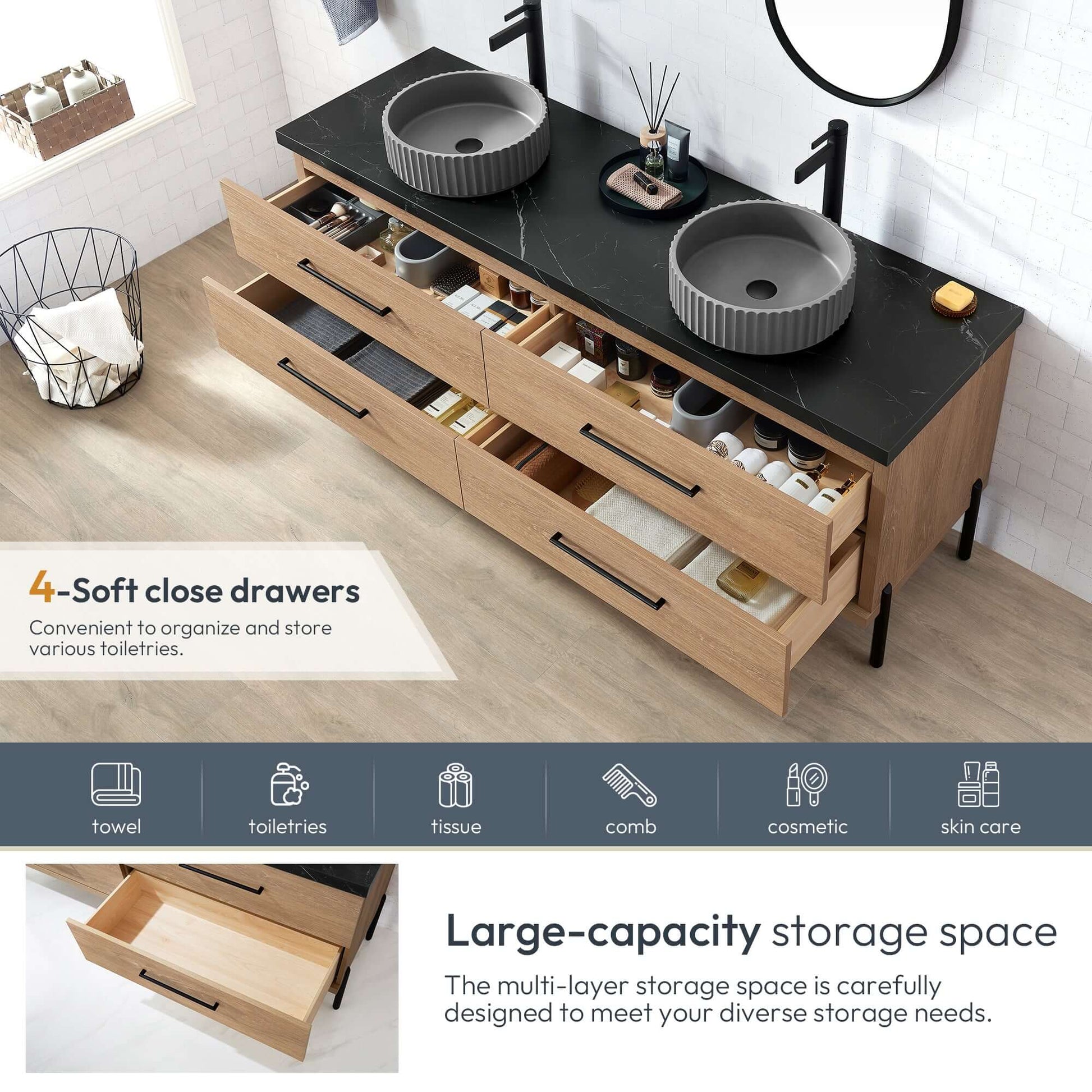 Vinnova, Trento 72B" Double Sink Bath Vanity in North American Oak with Black Sintered Stone Top with Concrete Sink, featuring storage space.