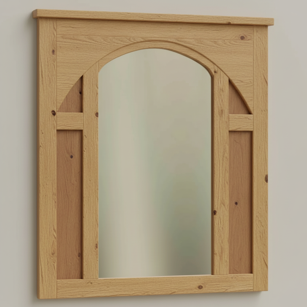 Trusty Wood Atlanta mirror rendered in Rustic White Oak finish, rendering, actual wood/finish may vary