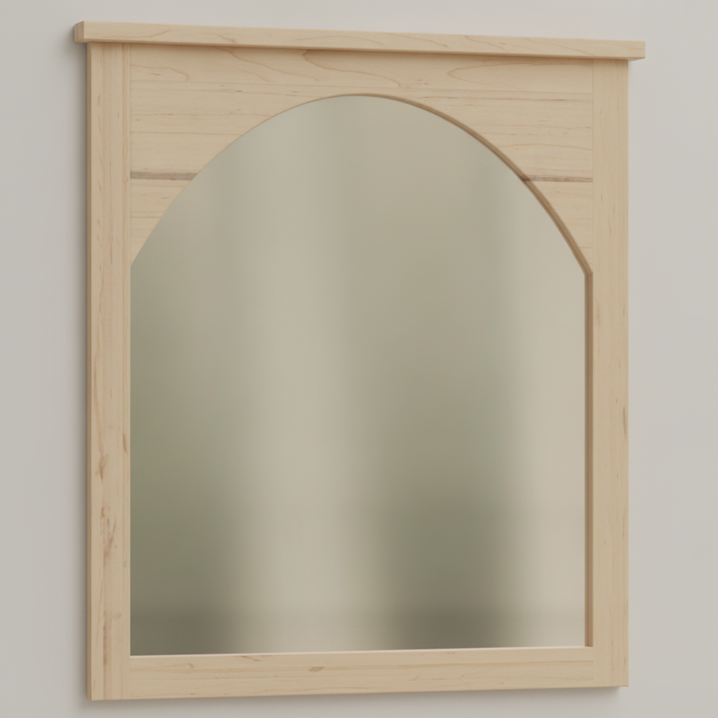 Trusty Wood Atlanta mirror rendered in Wormy Maple finish, rendering, actual wood/finish may vary