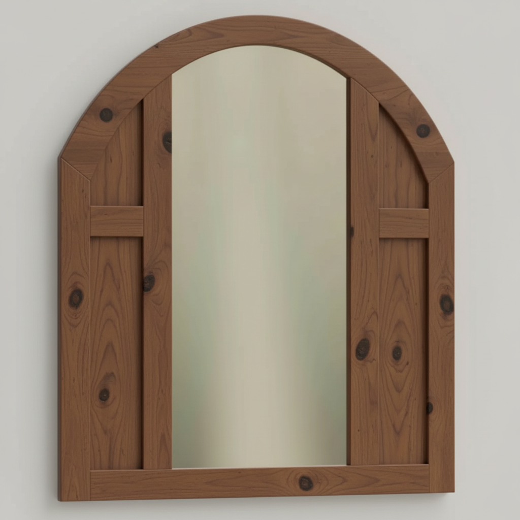 Trusty Wood Conway mirror rendered in Rustic Walnut finish, rendering, actual wood/finish may vary