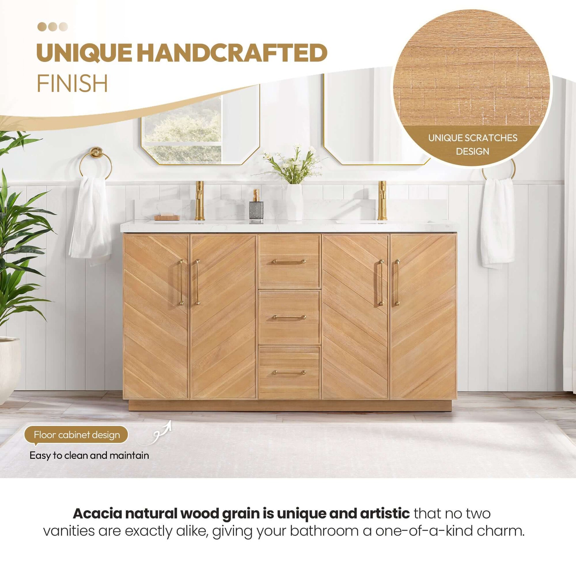 Vinnova, Karachi 60" Double Sink Bath Vanity in Acacia Classic Gray with White Grain Composite Stone Top in a bathroom setting