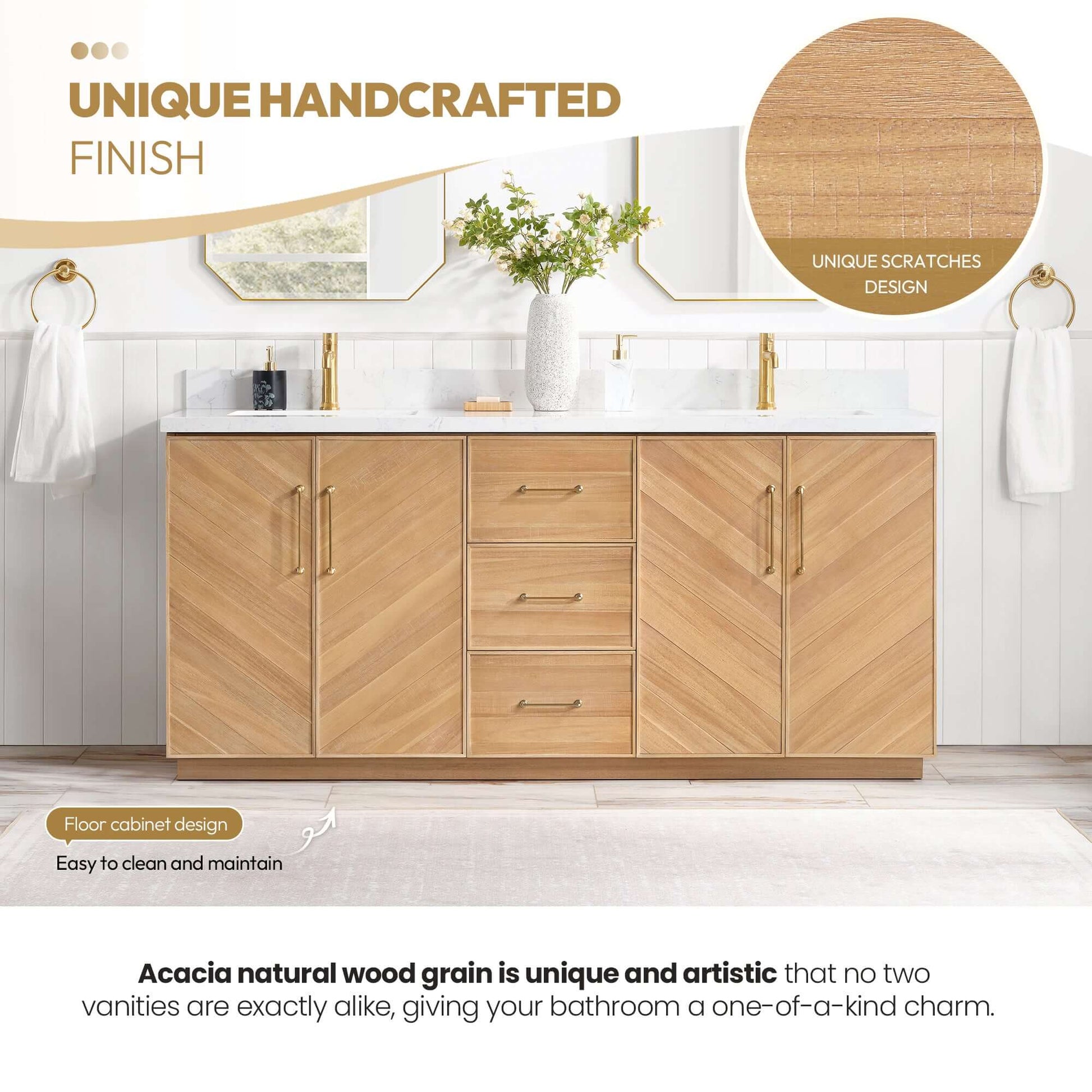 Modern double sink bathroom vanity with unique handcrafted acacia wood finish and gold accents