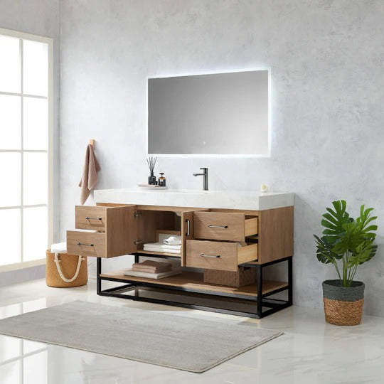 Vinnova, Alistair 60BS" Single Sink Bath Vanity in North American Oak with White Grain Stone Countertop