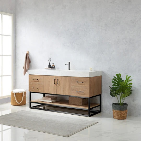 Vinnova, Alistair 60BS" Single Sink Bath Vanity in North American Oak with White Grain Stone Countertop