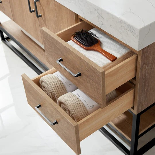 Vinnova, Alistair 60BS" Single Sink Bath Vanity in North American Oak with White Grain Stone Countertop