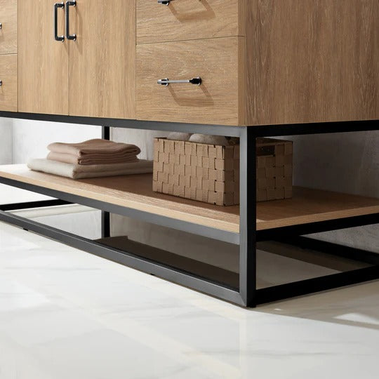 Vinnova, Alistair 60BS" Single Sink Bath Vanity in North American Oak with White Grain Stone Countertop