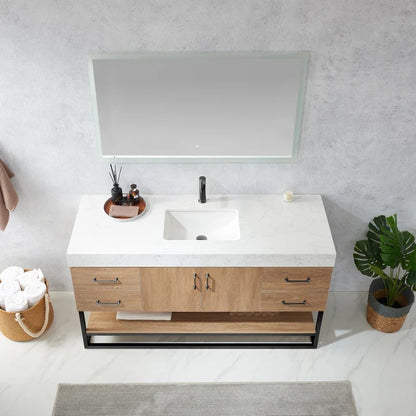 Vinnova, Alistair 60BS" Single Sink Bath Vanity in North American Oak with White Grain Stone Countertop
