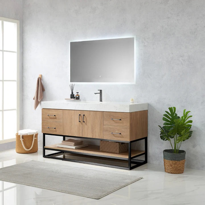 Vinnova, Alistair 60BS" Single Sink Bath Vanity in North American Oak with White Grain Stone Countertop