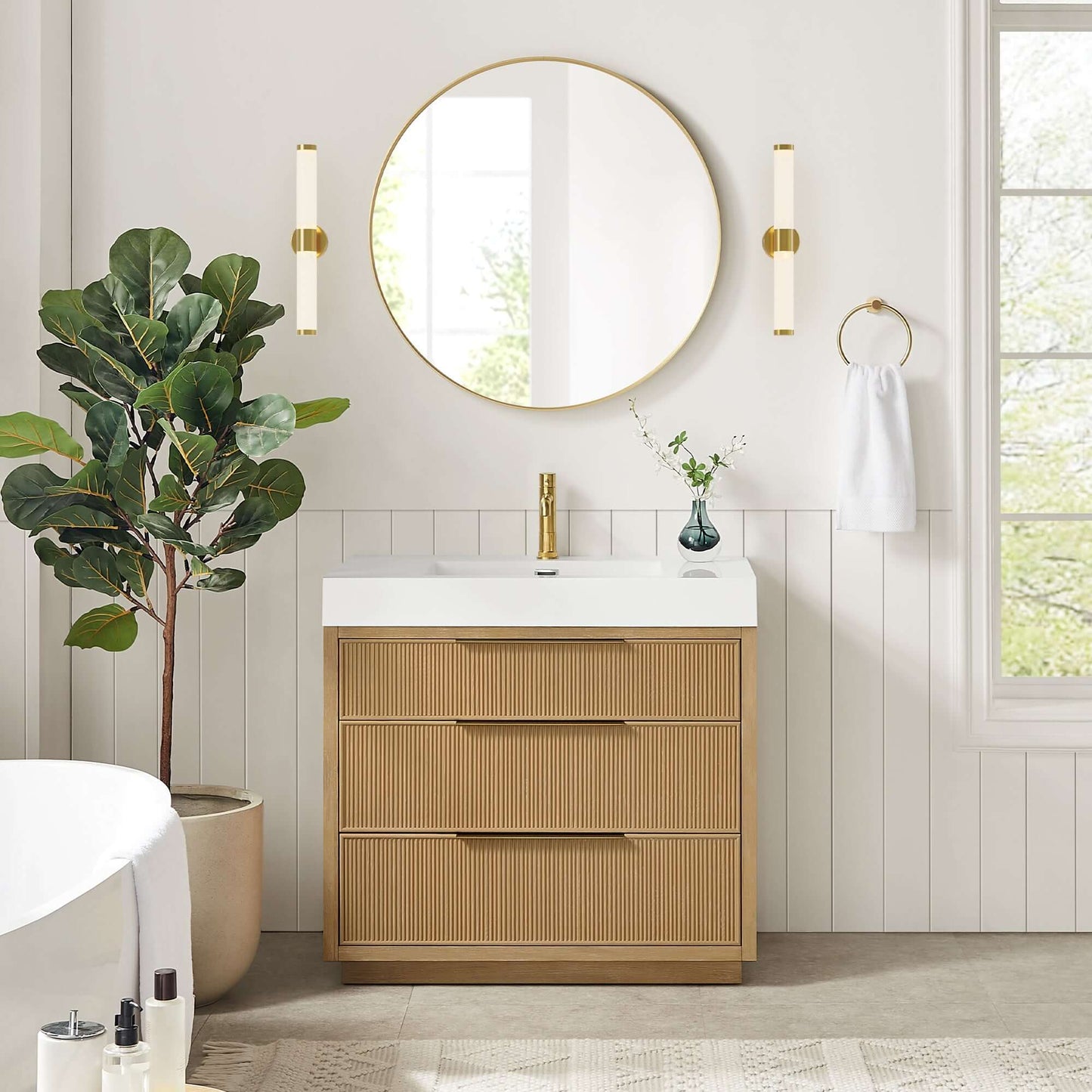 Vinnova, Hohhot 36" Free-standing Single Bath Vanity in Washed Ash Grey with White Integrated Stone Sink Top in bathroom setting