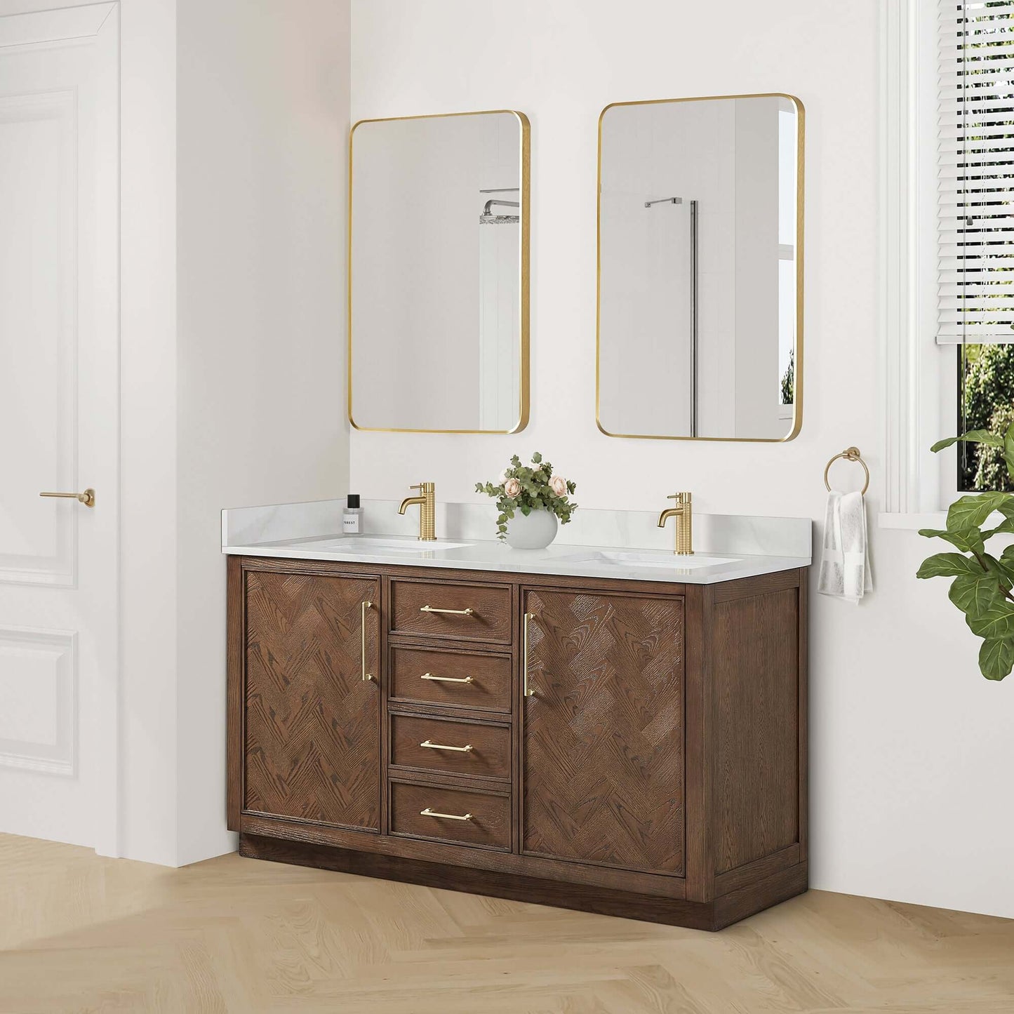 Vinnova, Jakarta 60M" Freestanding Double Bath Vanity in Aged Dark Brown Oak with Silk White Quartz Stone Top in bathroom setup