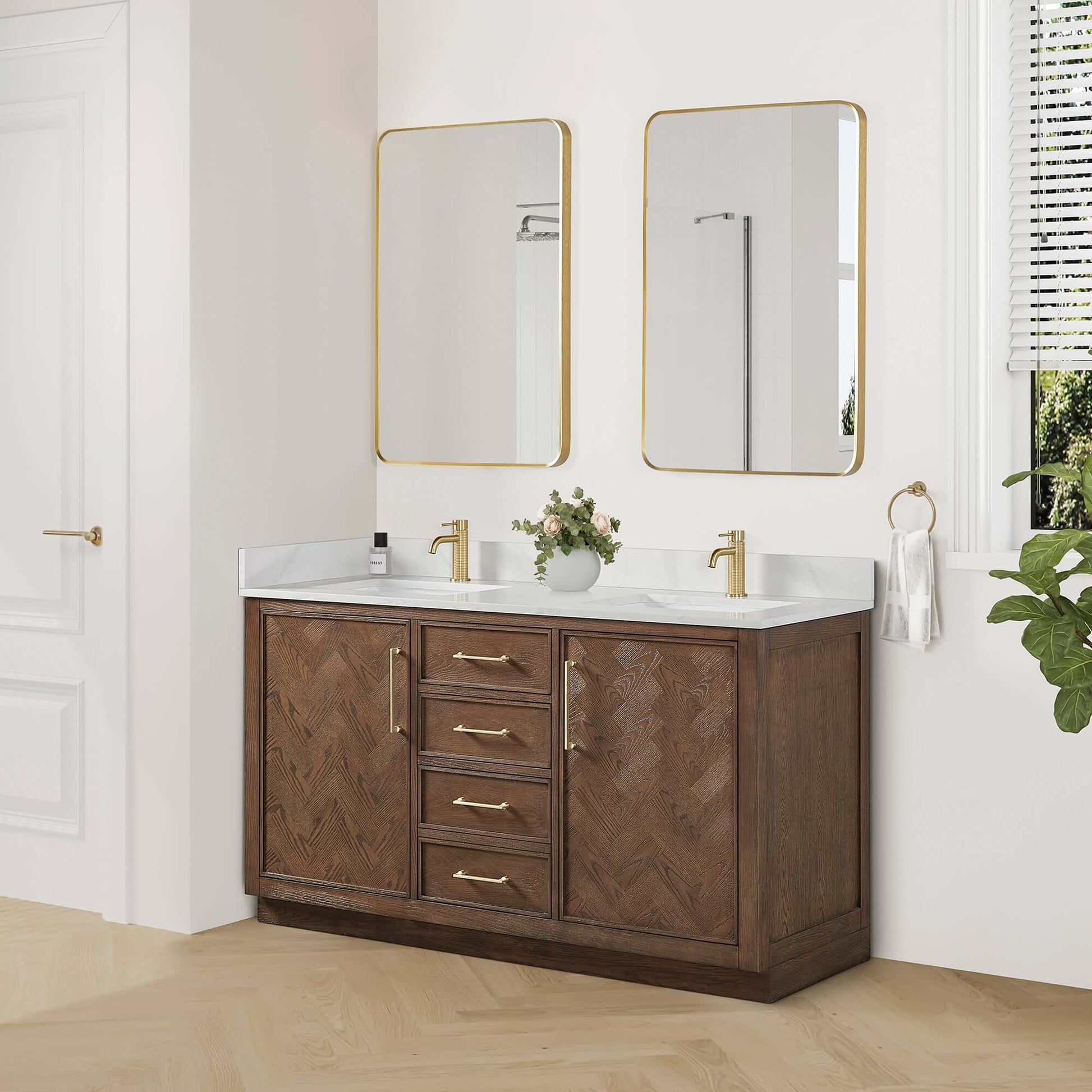 Vinnova, Jakarta 60M" Freestanding Double Bath Vanity in Aged Dark Brown Oak with Silk White Quartz Stone Top in bathroom setup