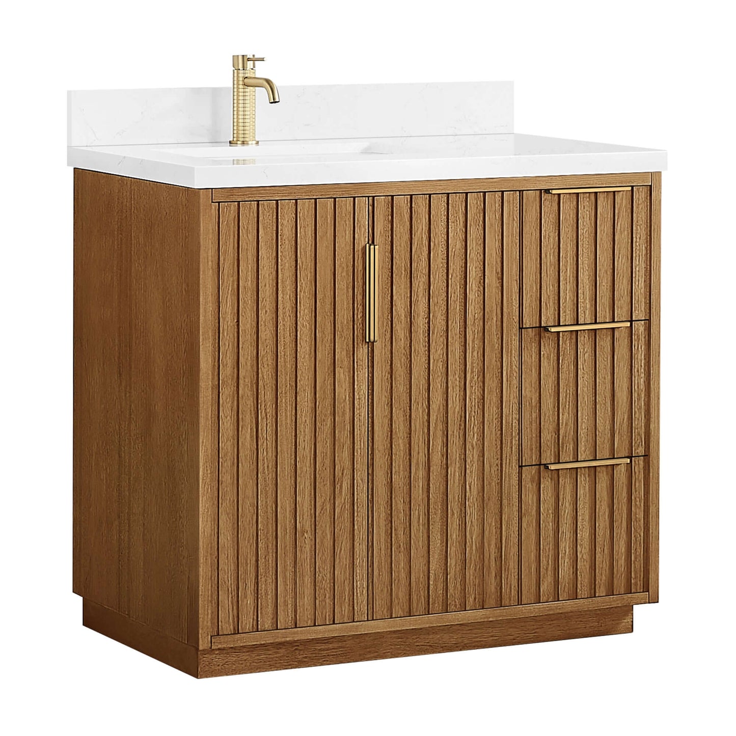 Vinnova, Bangkok 36" Single Sink Bath Vanity in Mango Wood Light Brown with White Grain Composite Stone Top bathroom vanity.