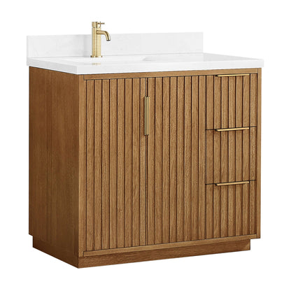 Vinnova, Bangkok 36" Single Sink Bath Vanity in Mango Wood Light Brown with White Grain Composite Stone Top bathroom vanity.