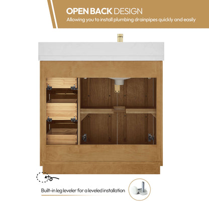 Vinnova, Bangkok 36" Single Sink Bath Vanity in Mango Wood Light Brown with White Grain Composite Stone Top, open back design