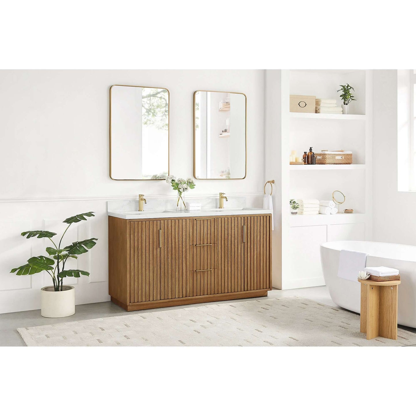 Vinnova, Bangkok 60" Double Sink Bath Vanity in Mango Wood Light Brown with White Grain Composite Stone Top in modern bathroom.
