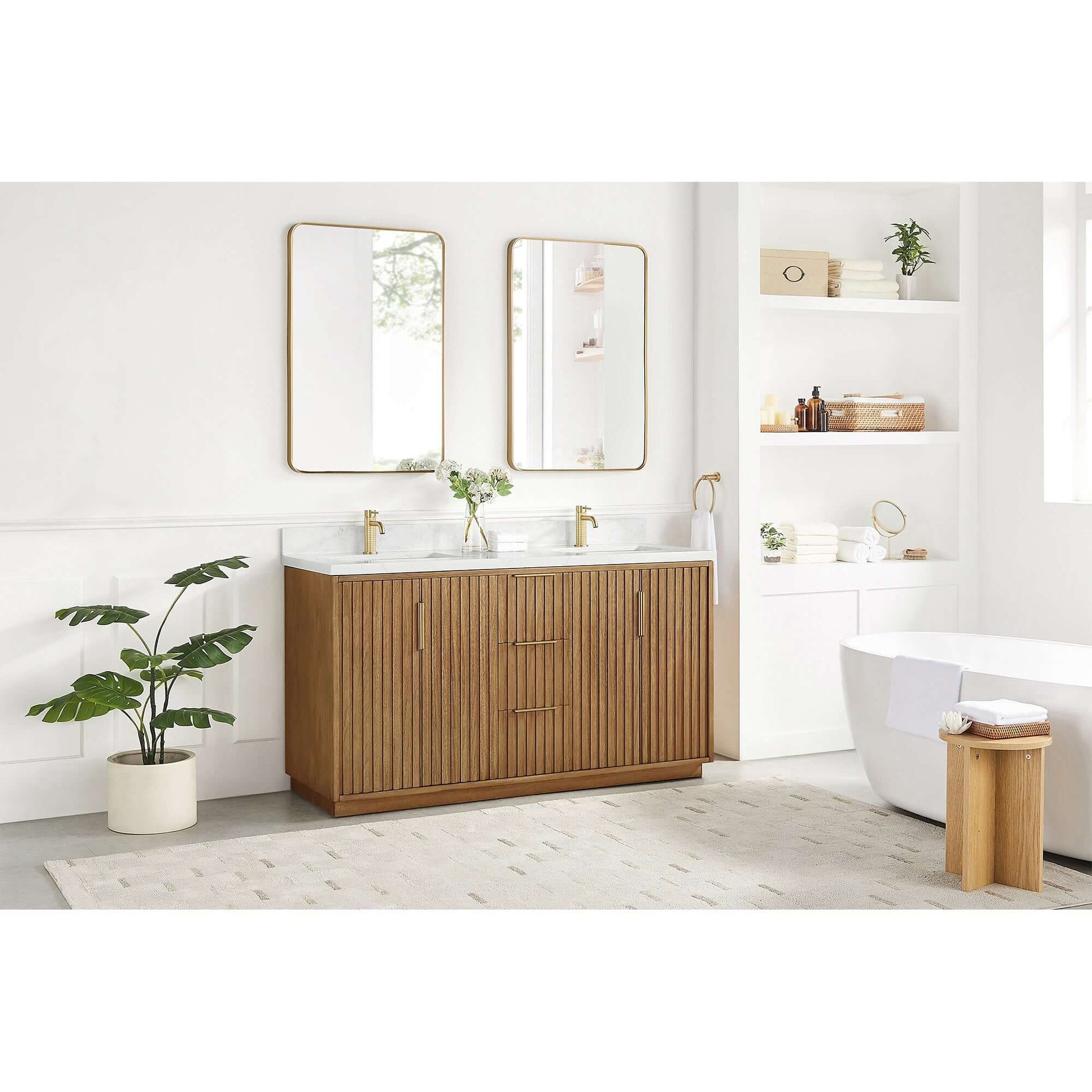 Vinnova, Bangkok 60" Double Sink Bath Vanity in Mango Wood Light Brown with White Grain Composite Stone Top in modern bathroom.