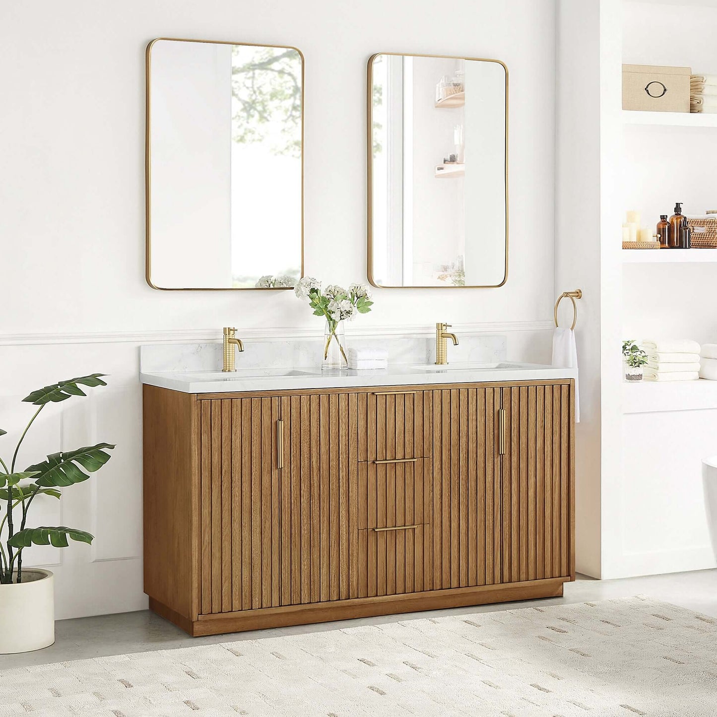 Vinnova, Bangkok 60" Double Sink Bath Vanity in Mango Wood Light Brown with White Grain Composite Stone Top in bathroom setting.