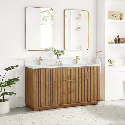 Vinnova, Bangkok 60" Double Sink Bath Vanity in Mango Wood Light Brown with White Grain Composite Stone Top in bathroom setting.