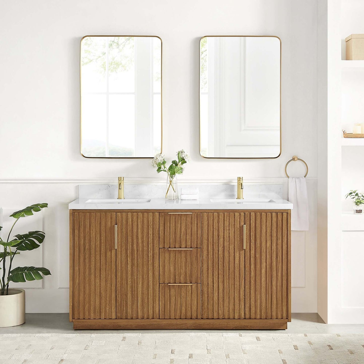 Vinnova, Bangkok 60" Double Sink Bath Vanity in Mango Wood Light Brown with White Grain Composite Stone Top, elegant bathroom vanity