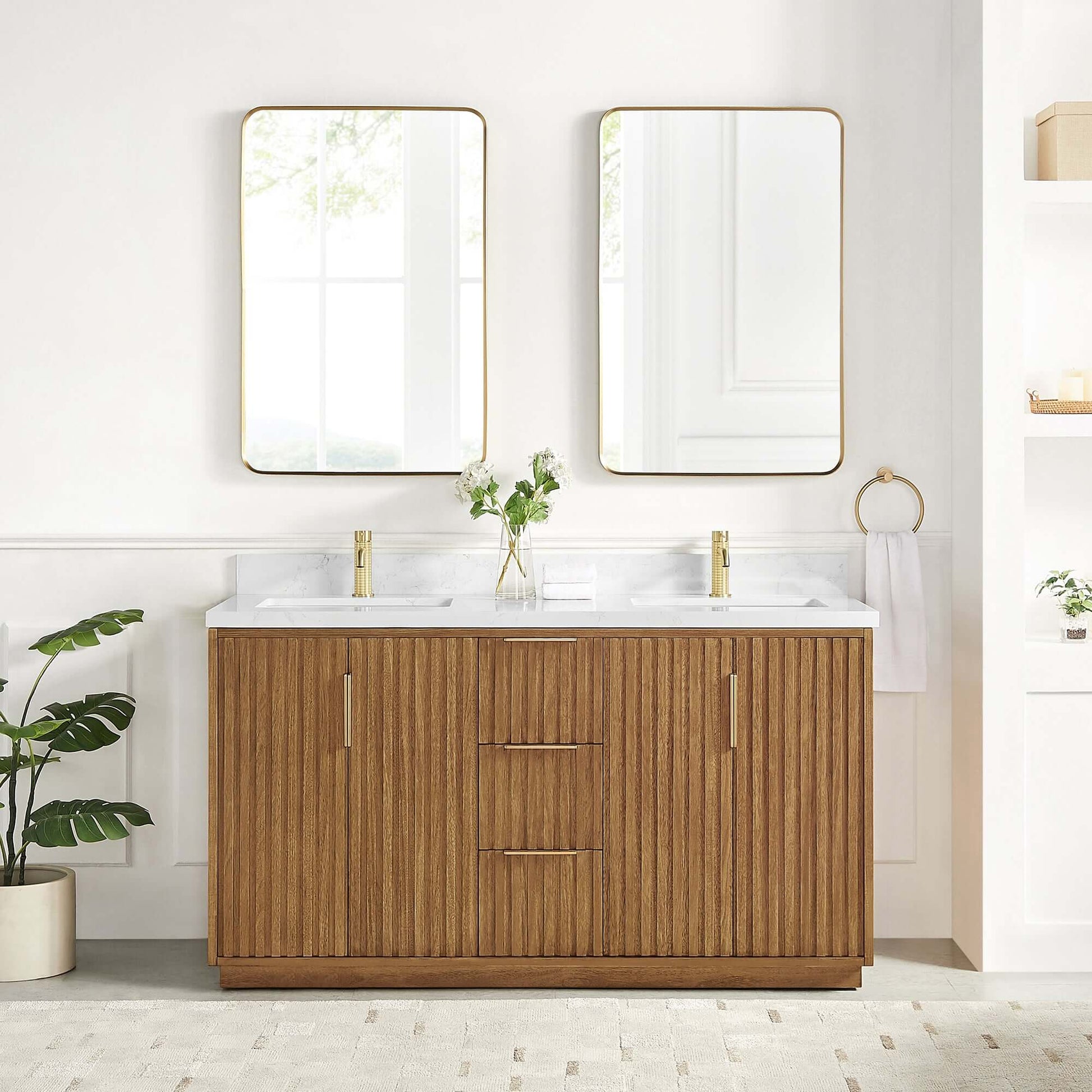 Vinnova, Bangkok 60" Double Sink Bath Vanity in Mango Wood Light Brown with White Grain Composite Stone Top, elegant bathroom vanity