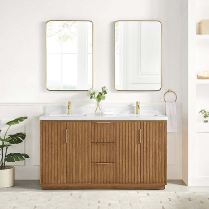 Vinnova, Bangkok 60" Double Sink Bath Vanity in Mango Wood Light Brown with White Grain Composite Stone Top, elegant bathroom vanity