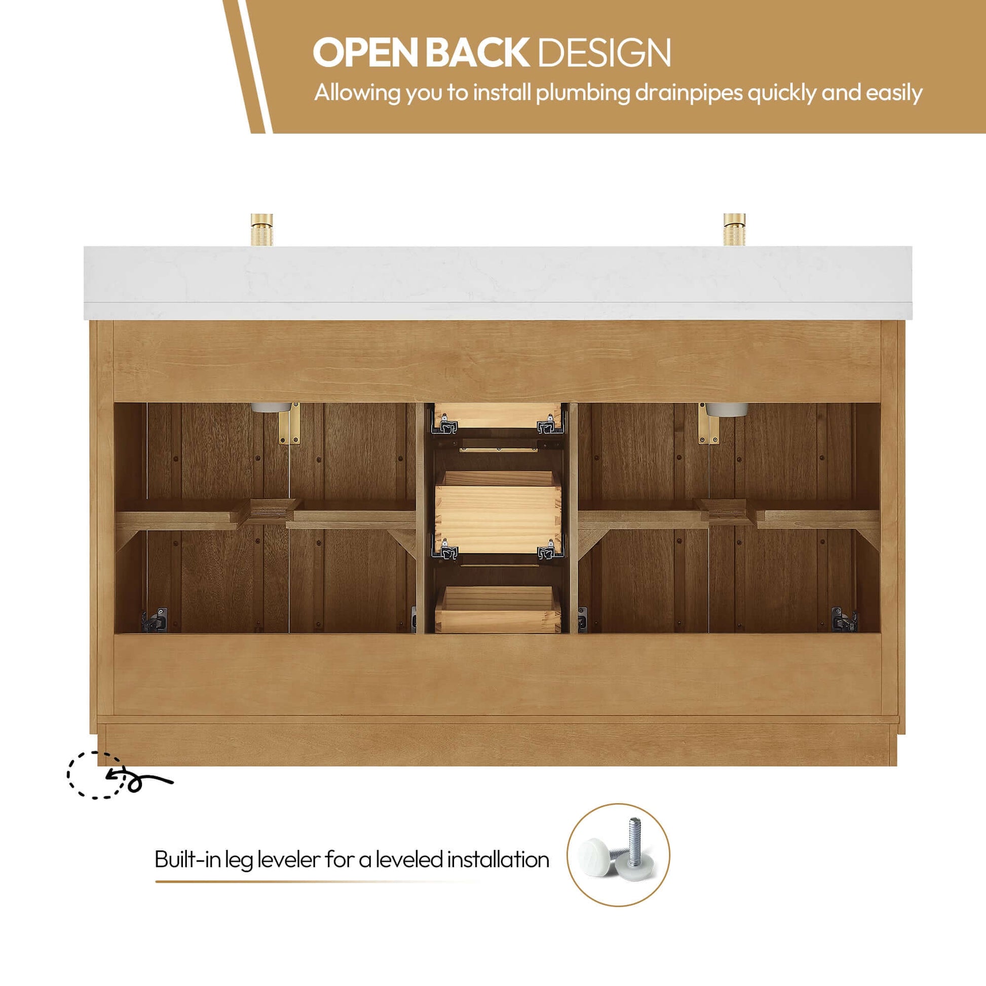 Back view of Vinnova, Bangkok 60" Double Sink Bath Vanity in Mango Wood Light Brown with White Grain Composite Stone Top showcasing open plumbing design.