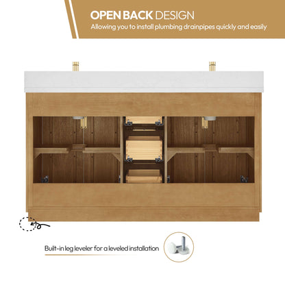 Back view of Vinnova, Bangkok 60" Double Sink Bath Vanity in Mango Wood Light Brown with White Grain Composite Stone Top showcasing open plumbing design.