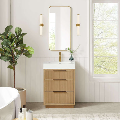 Vinnova, Hohhot 24" Free-standing Single Bath Vanity in Washed Ash Grey with White Integrated Stone Sink Top