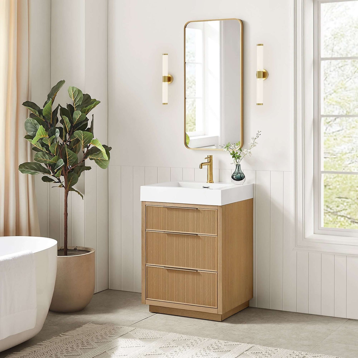 Vinnova, Hohhot 24" Free-standing Single Bath Vanity in Washed Ash Grey with White Integrated Stone Sink Top