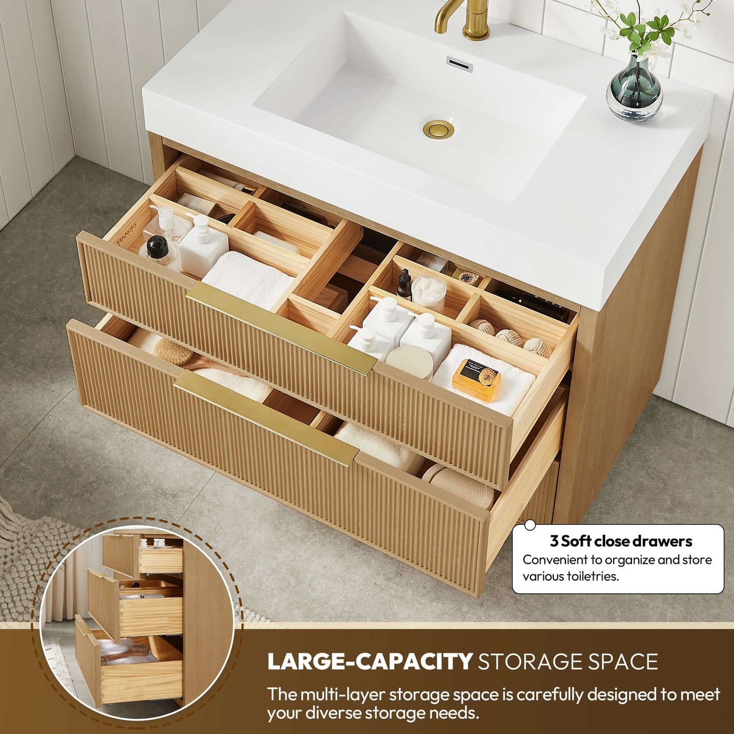 Vinnova, Hohhot 36" Free-standing Single Bath Vanity in Washed Ash Grey with White Integrated Stone Sink Top showcasing large storage