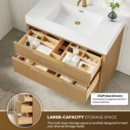 Vinnova, Hohhot 36" Free-standing Single Bath Vanity in Washed Ash Grey with White Integrated Stone Sink Top showcasing large storage