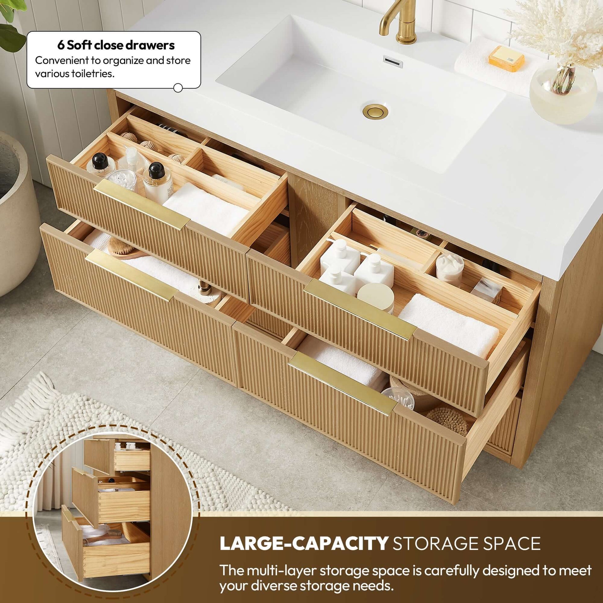 Vinnova, Hohhot 48" Free-standing Single Bath Vanity in Washed Ash Grey with White Integrated Stone Sink Top showcasing open drawers