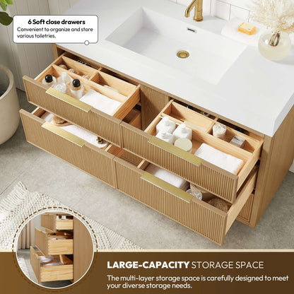 Vinnova, Hohhot 48" Free-standing Single Bath Vanity in Washed Ash Grey with White Integrated Stone Sink Top showcasing open drawers