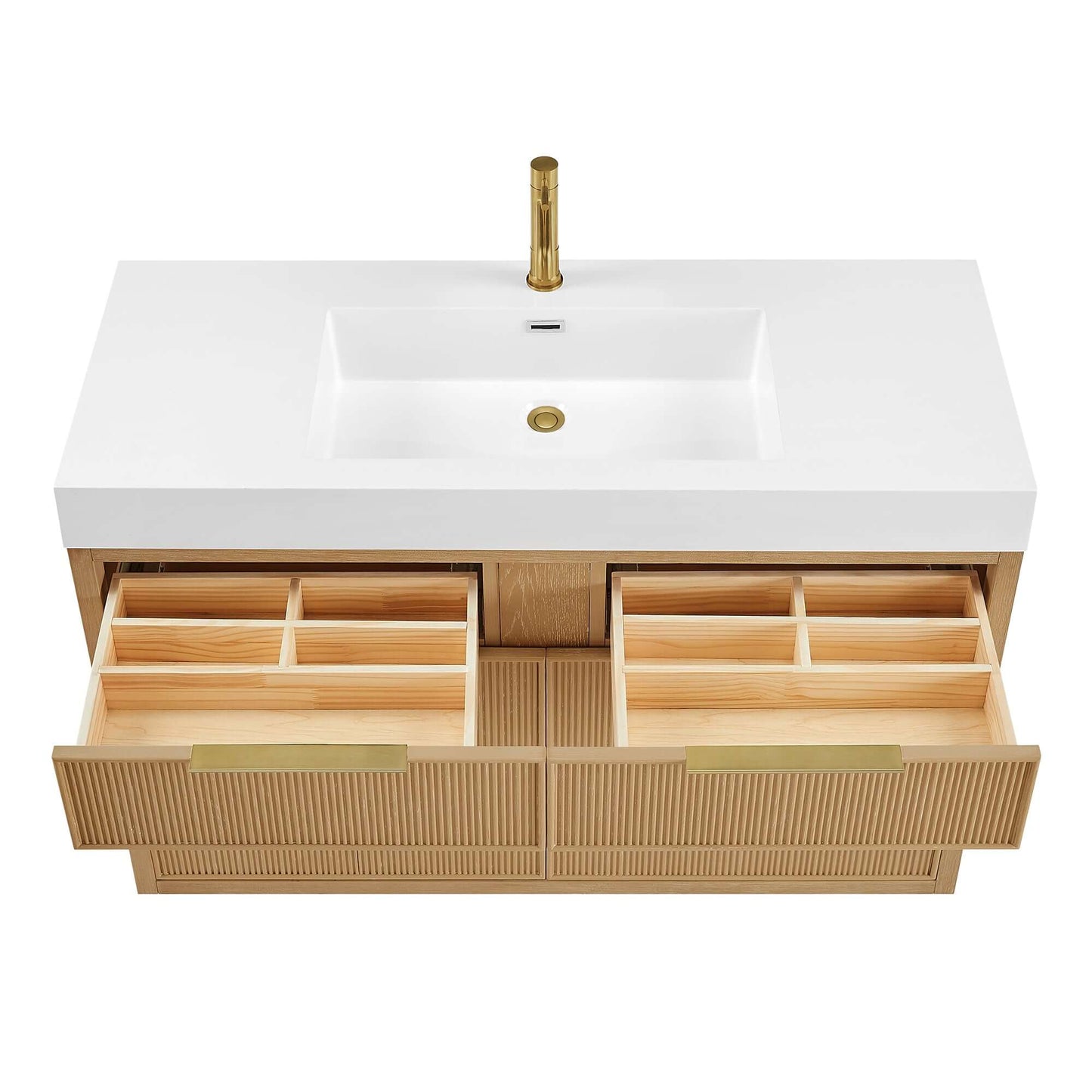 Vinnova, Hohhot 48" Free-standing Single Bath Vanity in Washed Ash Grey with White Integrated Stone Sink Top featuring open drawers