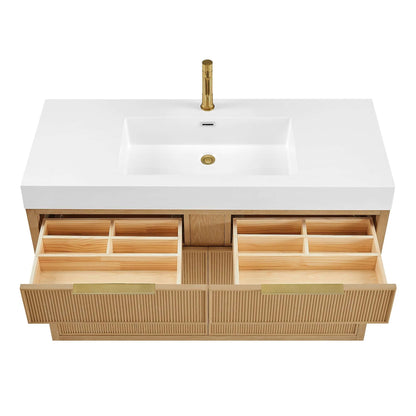 Vinnova, Hohhot 48" Free-standing Single Bath Vanity in Washed Ash Grey with White Integrated Stone Sink Top featuring open drawers