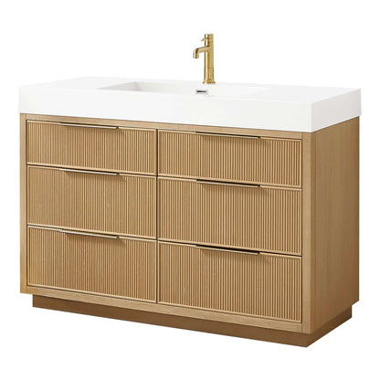 Vinnova, Hohhot 48" Free-standing Single Bath Vanity in Washed Ash Grey with White Integrated Stone Sink Top, elegant bathroom vanity